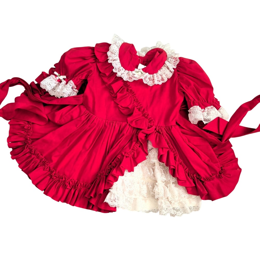 Vintage Nannas Treasures Red Lace Ruffle Prairie Dress Kids USA 3 Pageant Circle